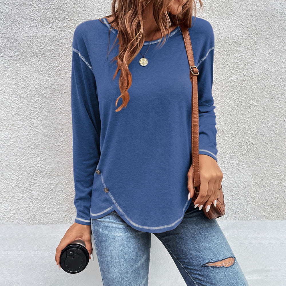 Plain Button Long Sleeve Daily Weekend Basic Round Neck T-Shirt