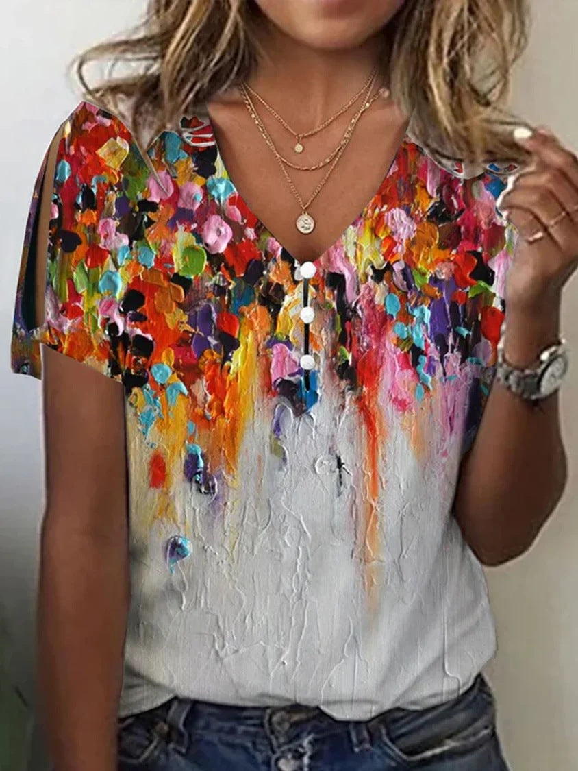 Fashion Women Print Vintage Hole Loose Casual Short Sleeve Tops