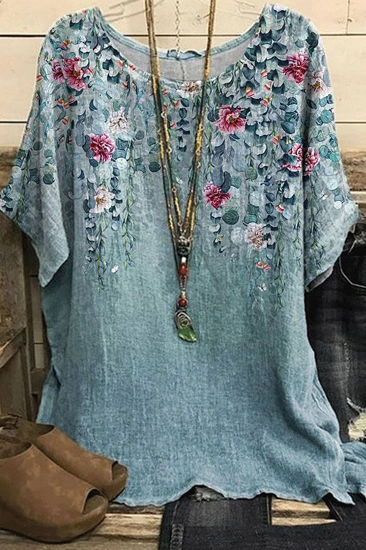Print Crew Neck Blouses, Casual Loose Half Sleeve Fashion Shirts Tops, Women's Clothing