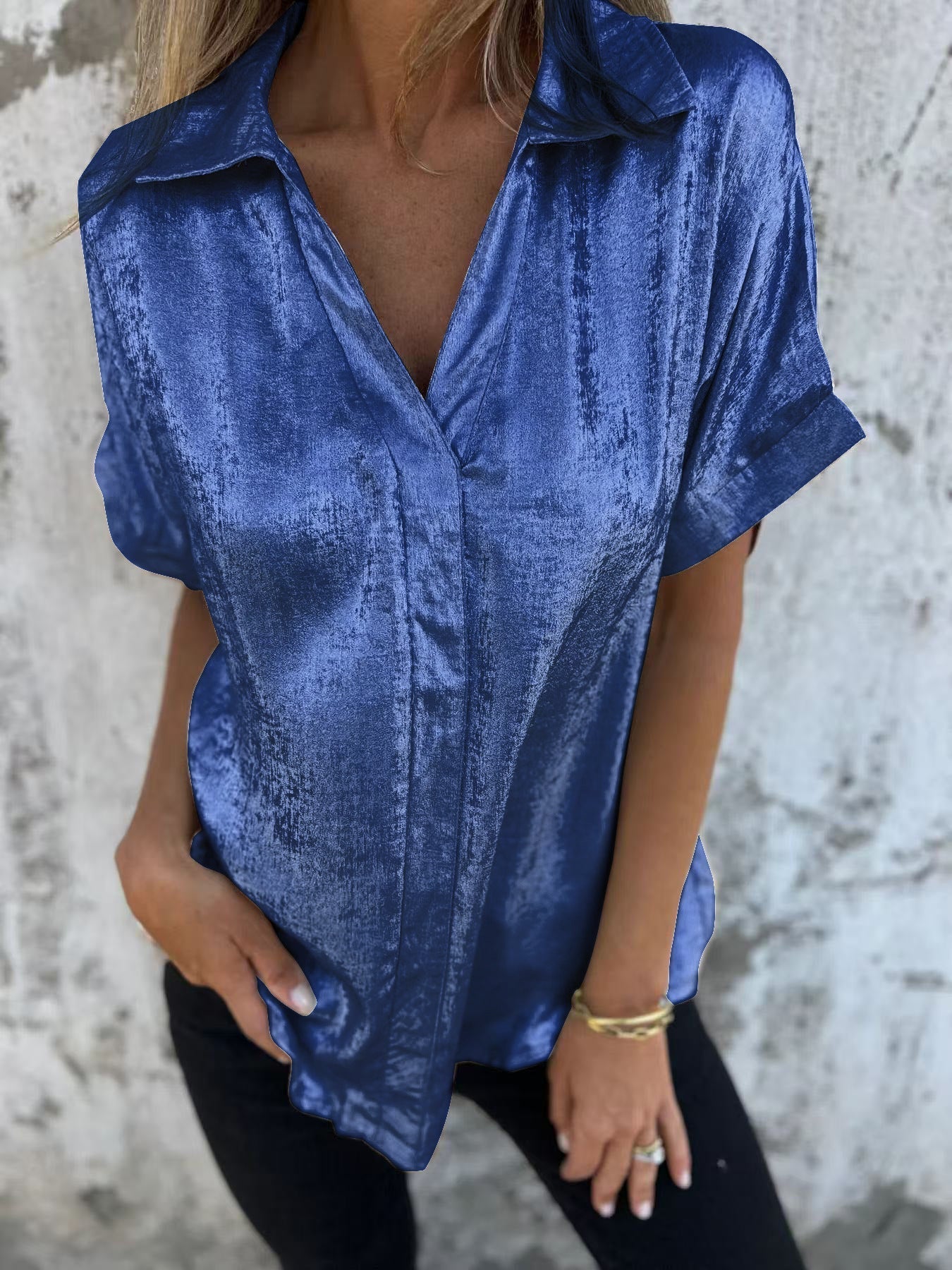 Loose Foiled Short Sleeve Lapel Shirt