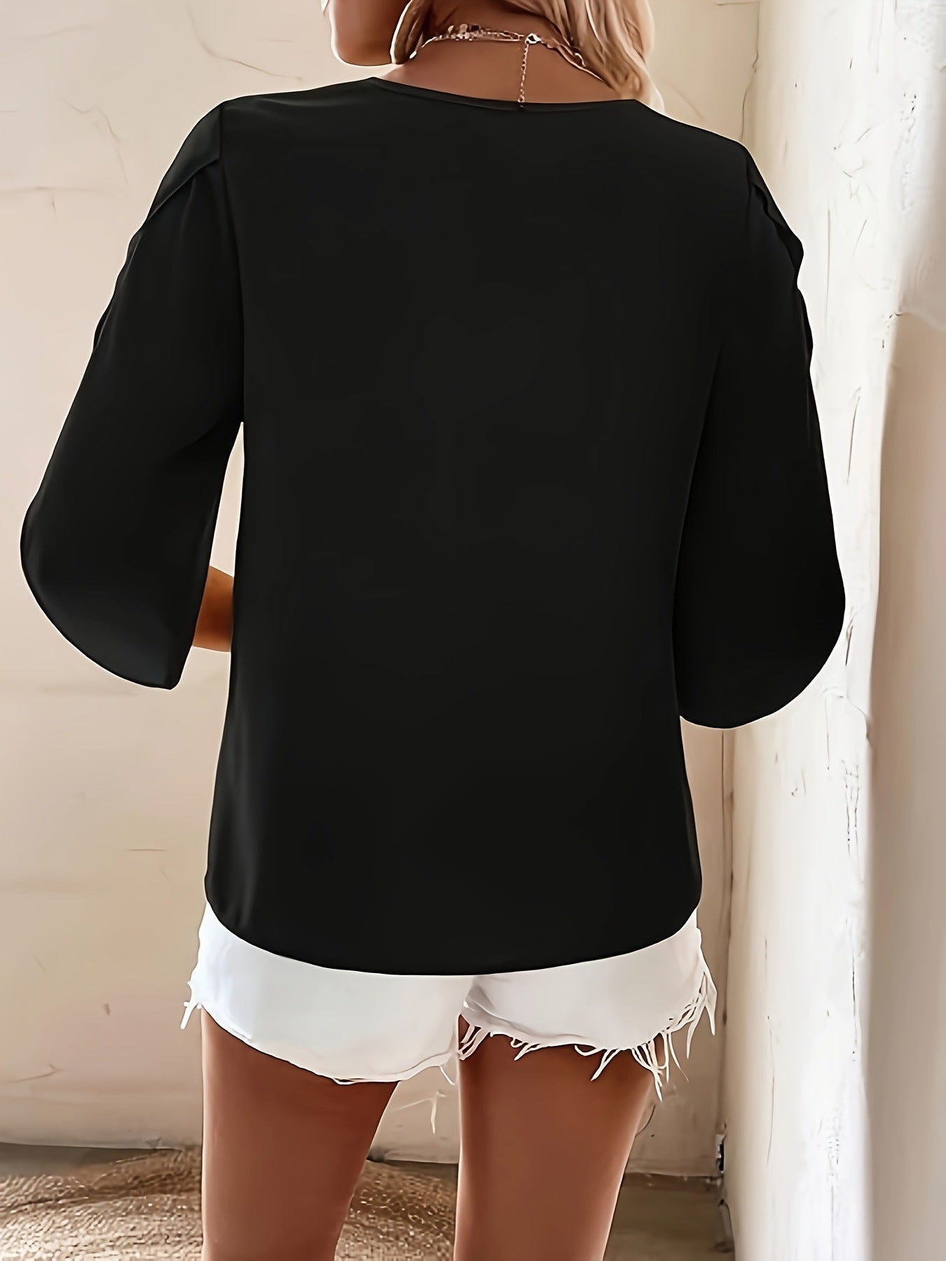 Solid Asymmetrical Neck Simple Blouse, Elegant Half Sleeve Blouse