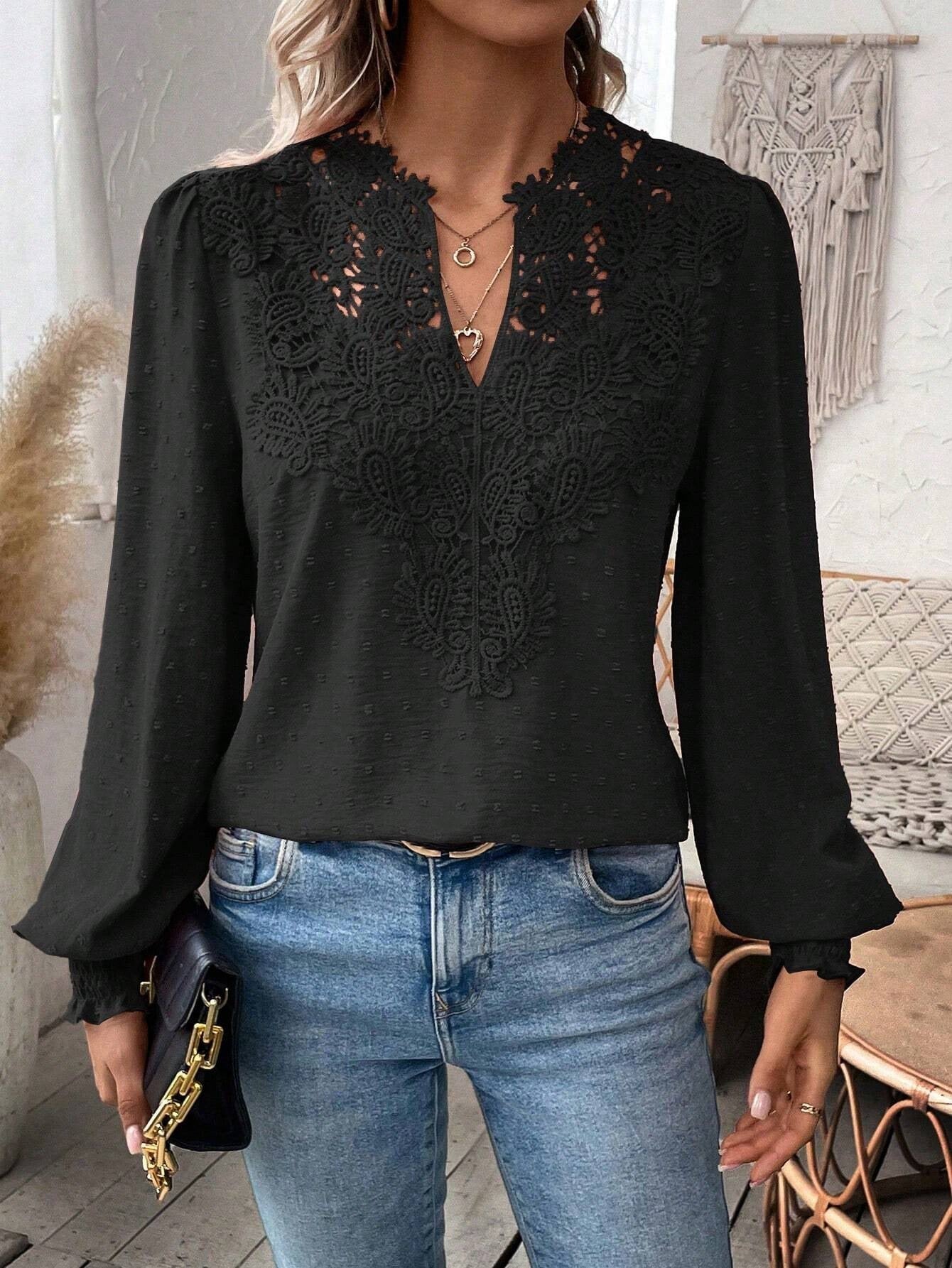 Lace Splicing Swiss Dot V-neck Blouse, Elegant Long Sleeve Blouse Top