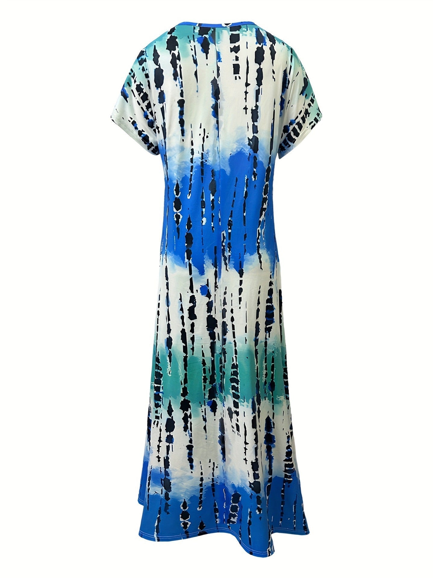 Tie Dye V-neck Dress, Elegant Split Short Sleeve Dress