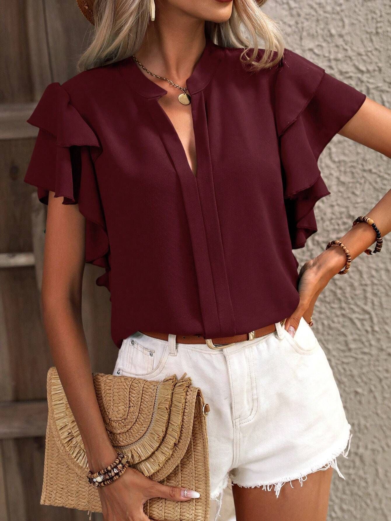 Ruffled Notched Short Sleeve Blouse