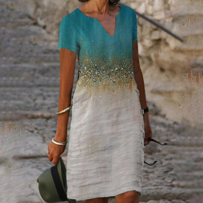 Loose Print Elegant V-neck Short Sleeve Knee-length Midi Dress