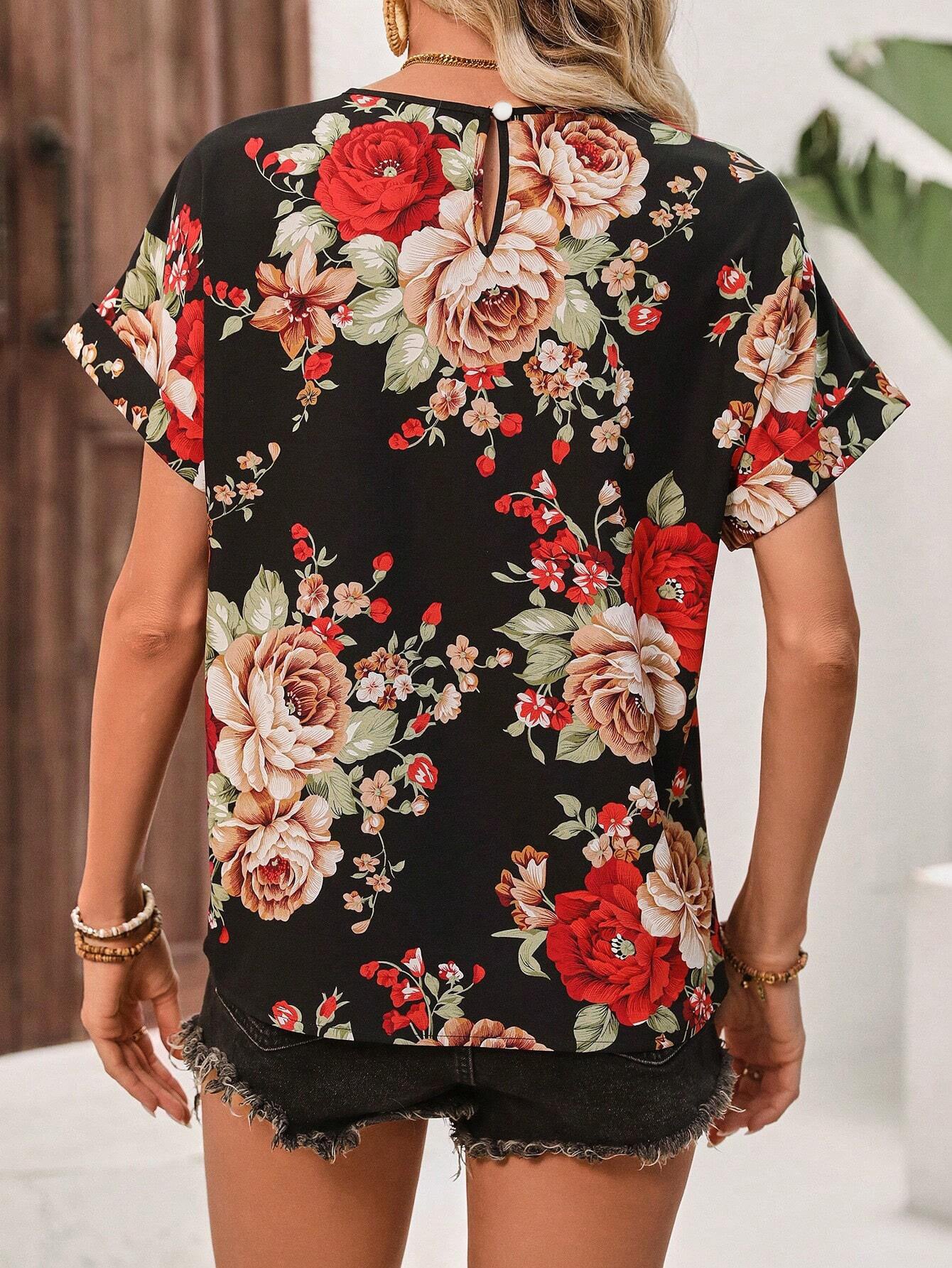Floral Print Crew Neck Blouse, Casual Short Sleeve Top