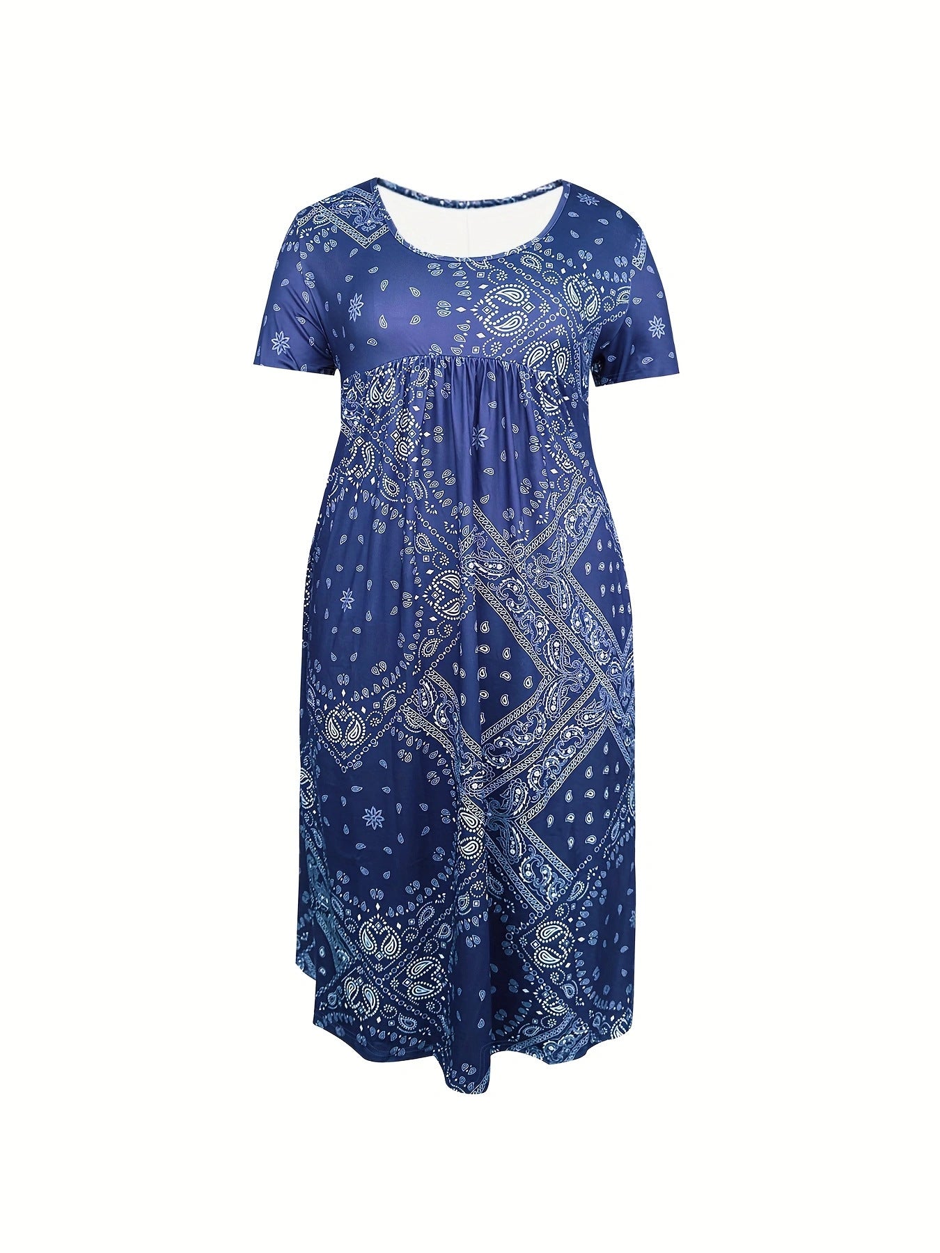 Print A-Line Short Sleeve Round Neck Dress with Pockets