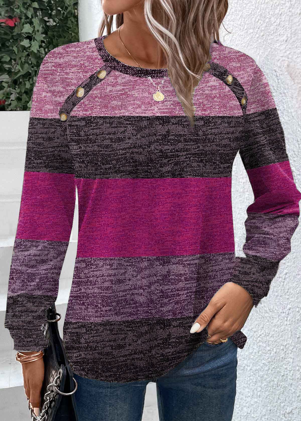 Colorblock Stripe Print Crew Neck T-Shirt, Casual Long Sleeve Top