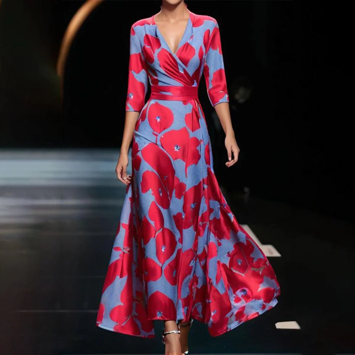 Casual Daily Regular Fit Floral 3/4 Length Sleeve V Neck Maxi Dress