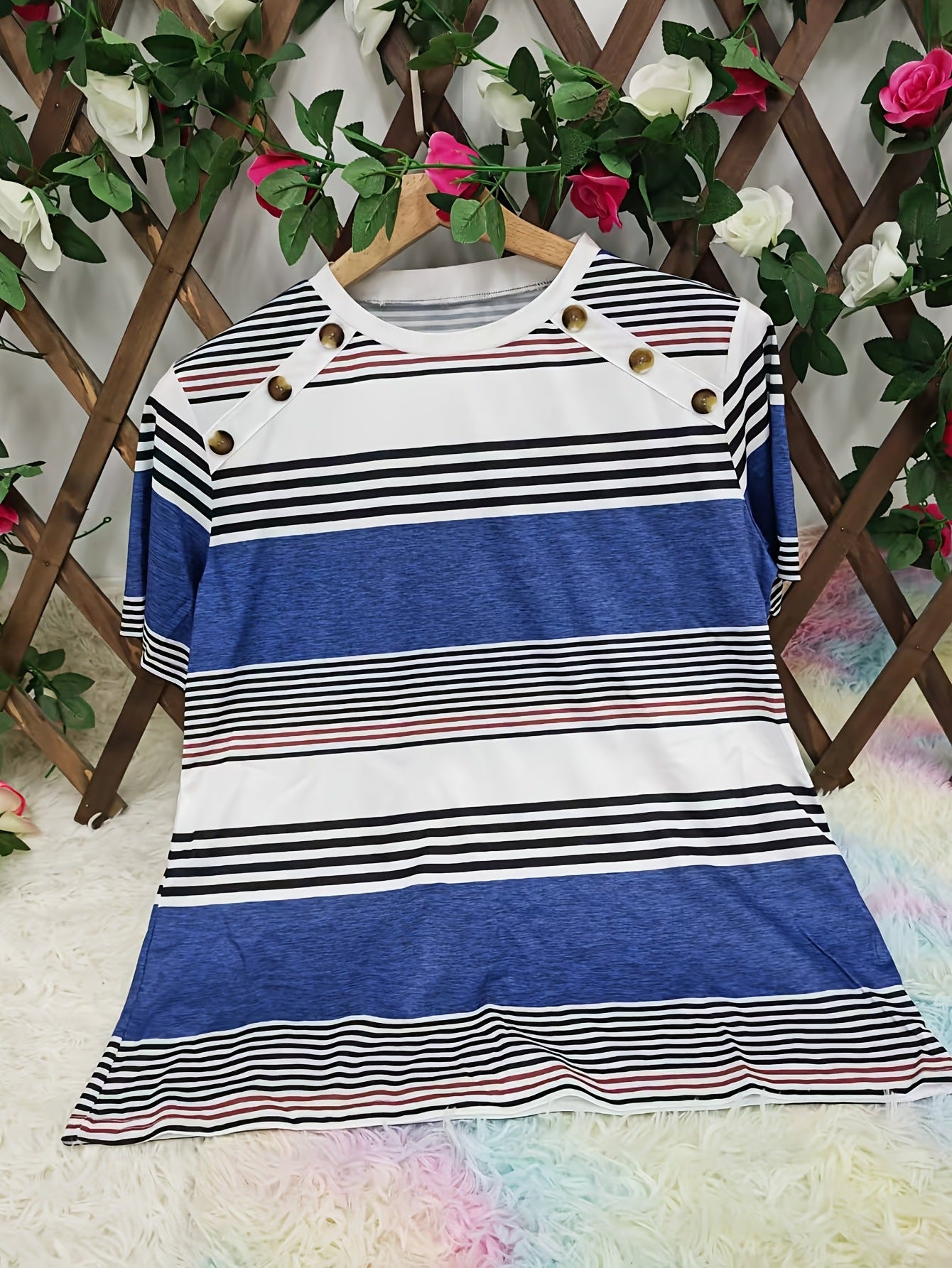 Button Front Vibrant Striped Short Sleeve Crew Neck T-Shirt