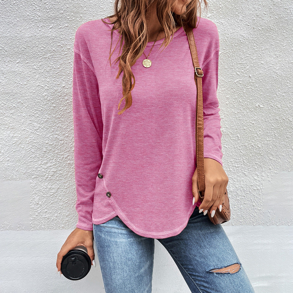 Plain Button Long Sleeve Daily Weekend Basic Round Neck T-Shirt