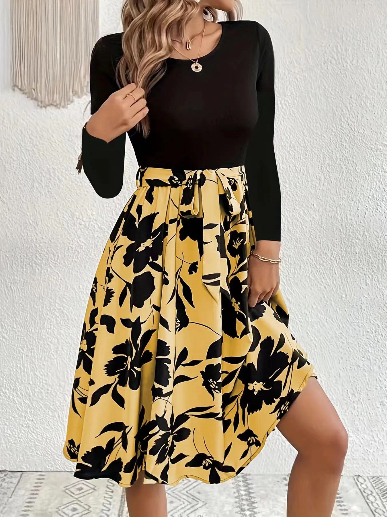 Floral Print Splicing Dress, Casual Crew Neck Long Sleeve Dress