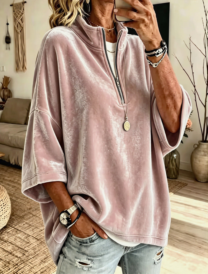 Half-Zip Velvet Top with Three-Quarter Batwing Sleeves