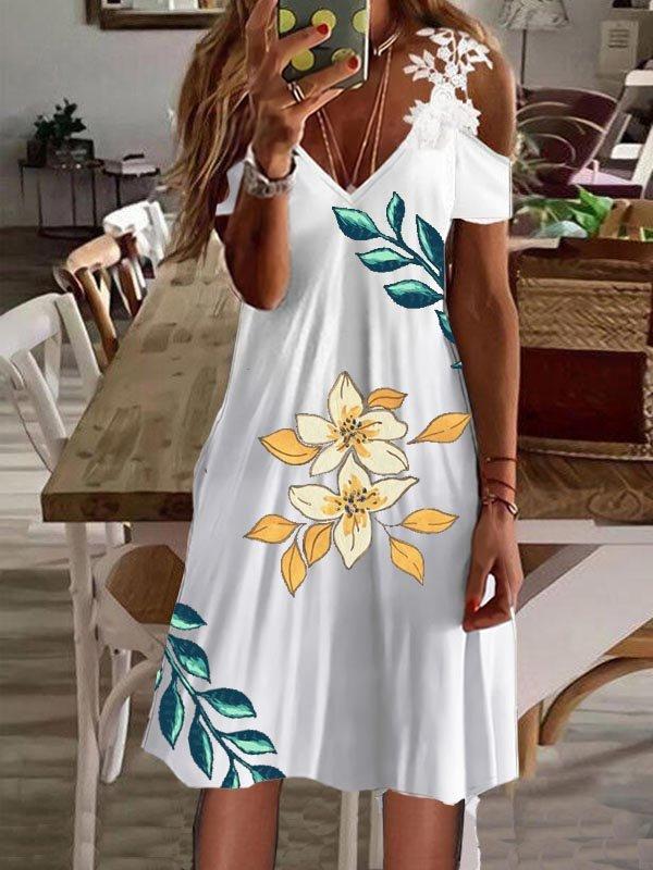 V Neck Ruffles Lace Off Shoulder Crochet Midi Dress