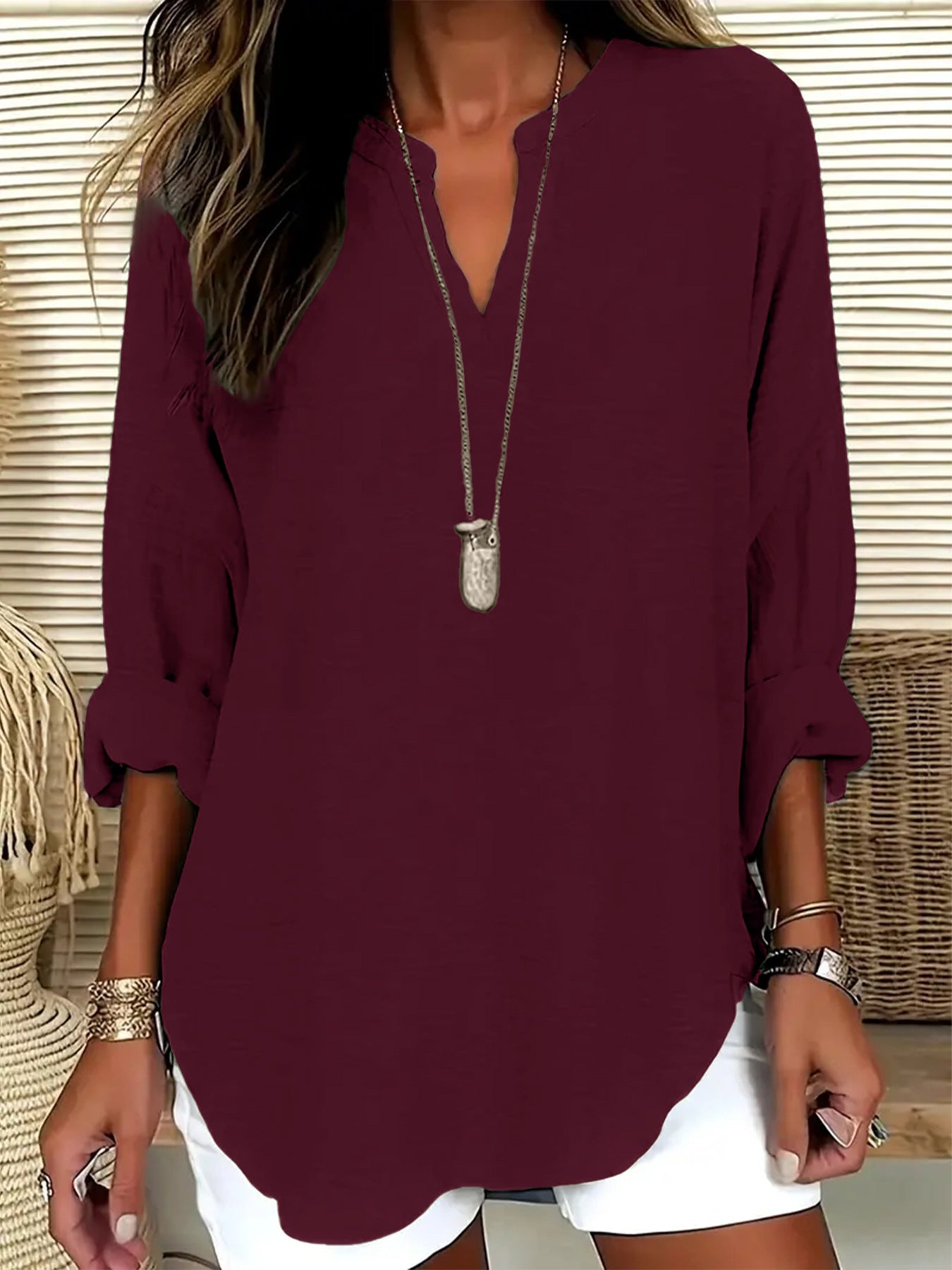 V-Neck Drop Shoulder Solid Color Loose Short Sleeve Shirt