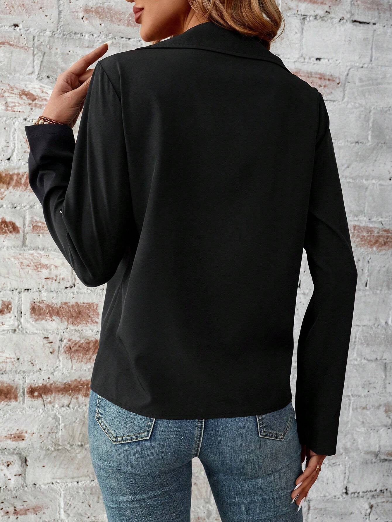 Solid Color Zip Up Jacket, Elegant Long Sleeve Flap Detail Jacket