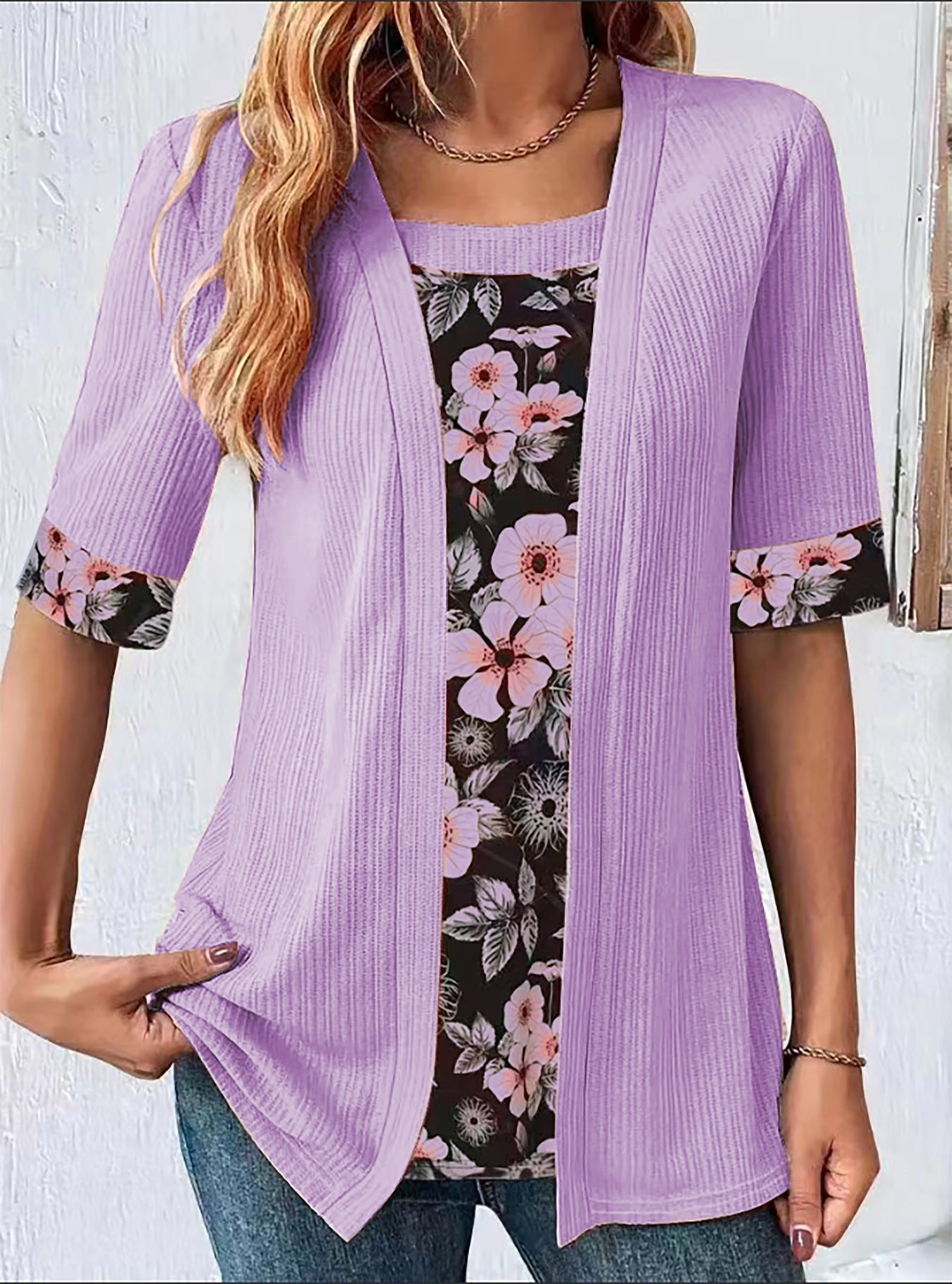 Ladies' Floral Print Fake Two Piece T-Shirt With Square Neckline