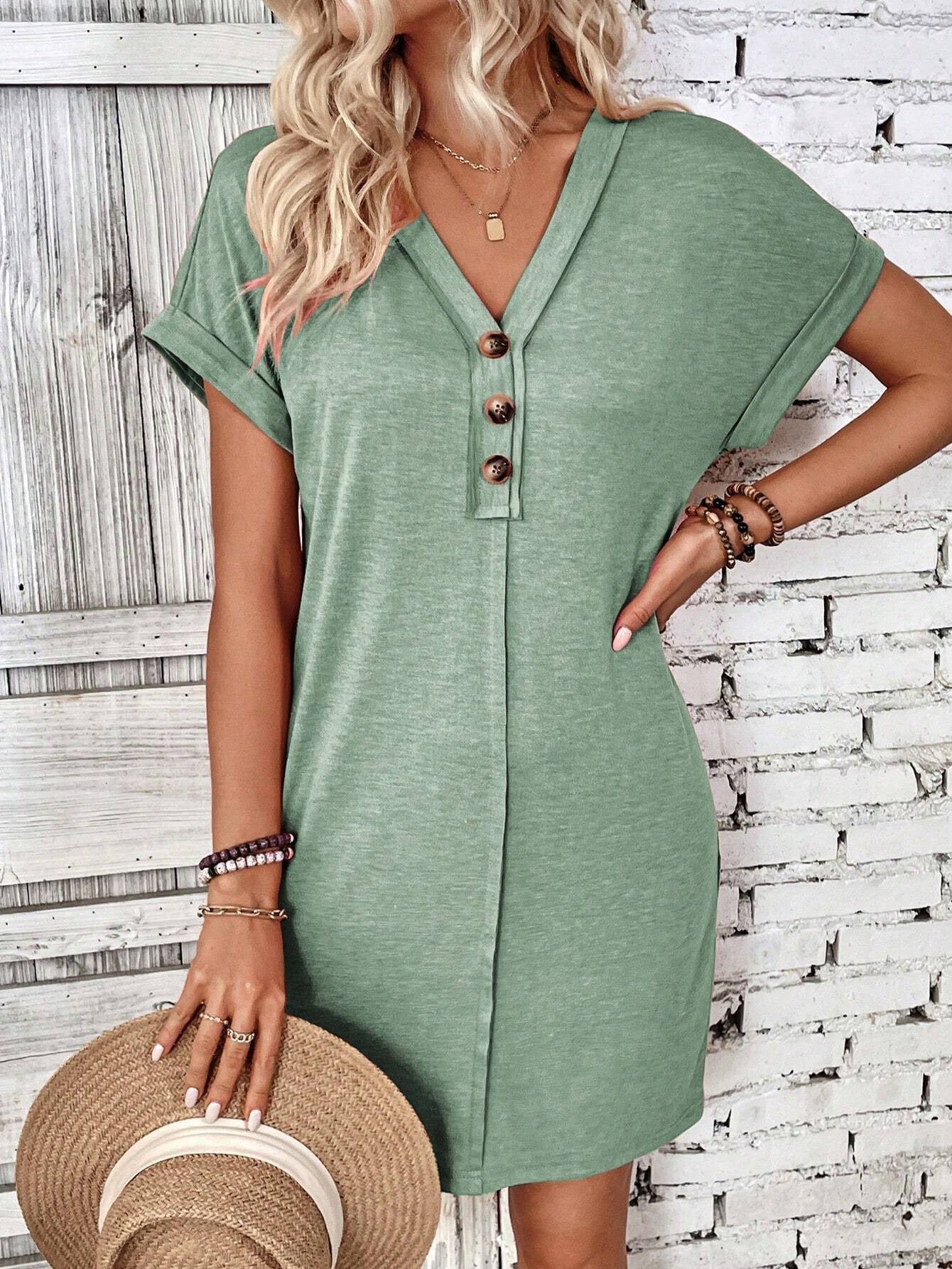 Solid Color V-Neck Batwing Sleeve Midi Dress