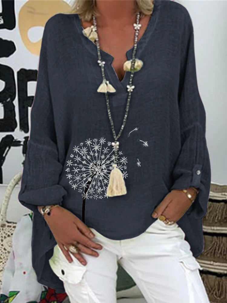 Long Sleeve Floral Print Loose V-Neck Shirt