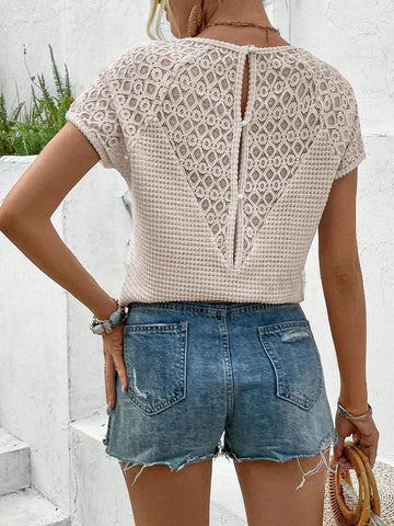 Contrast Lace Hollow Out T-shirt, Elegant Short Sleeve V Neck T-shirt