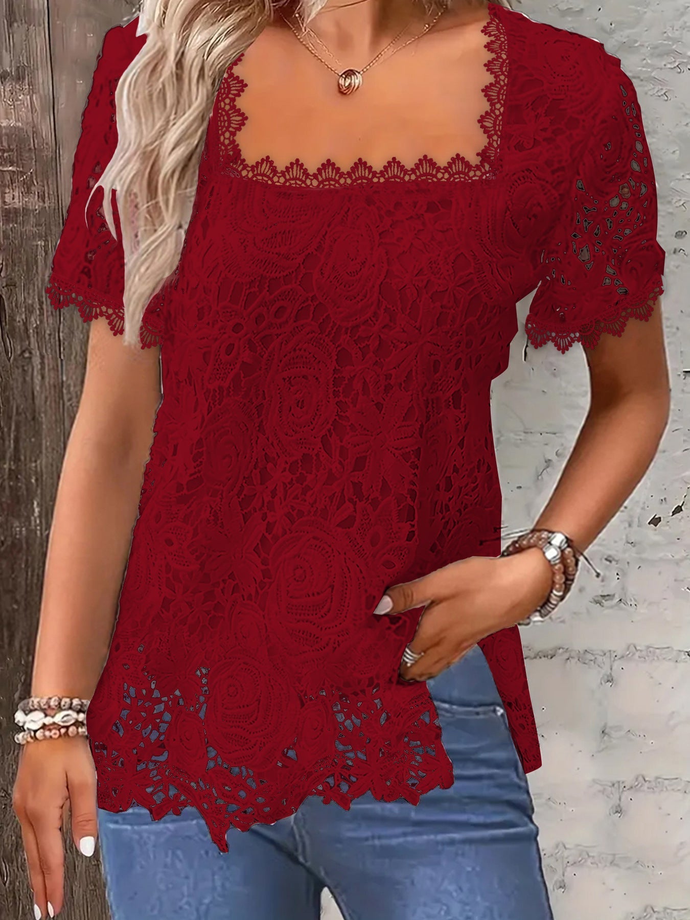 Solid Square Neck Lace T-Shirt, Casual Long Sleeve T-Shirt