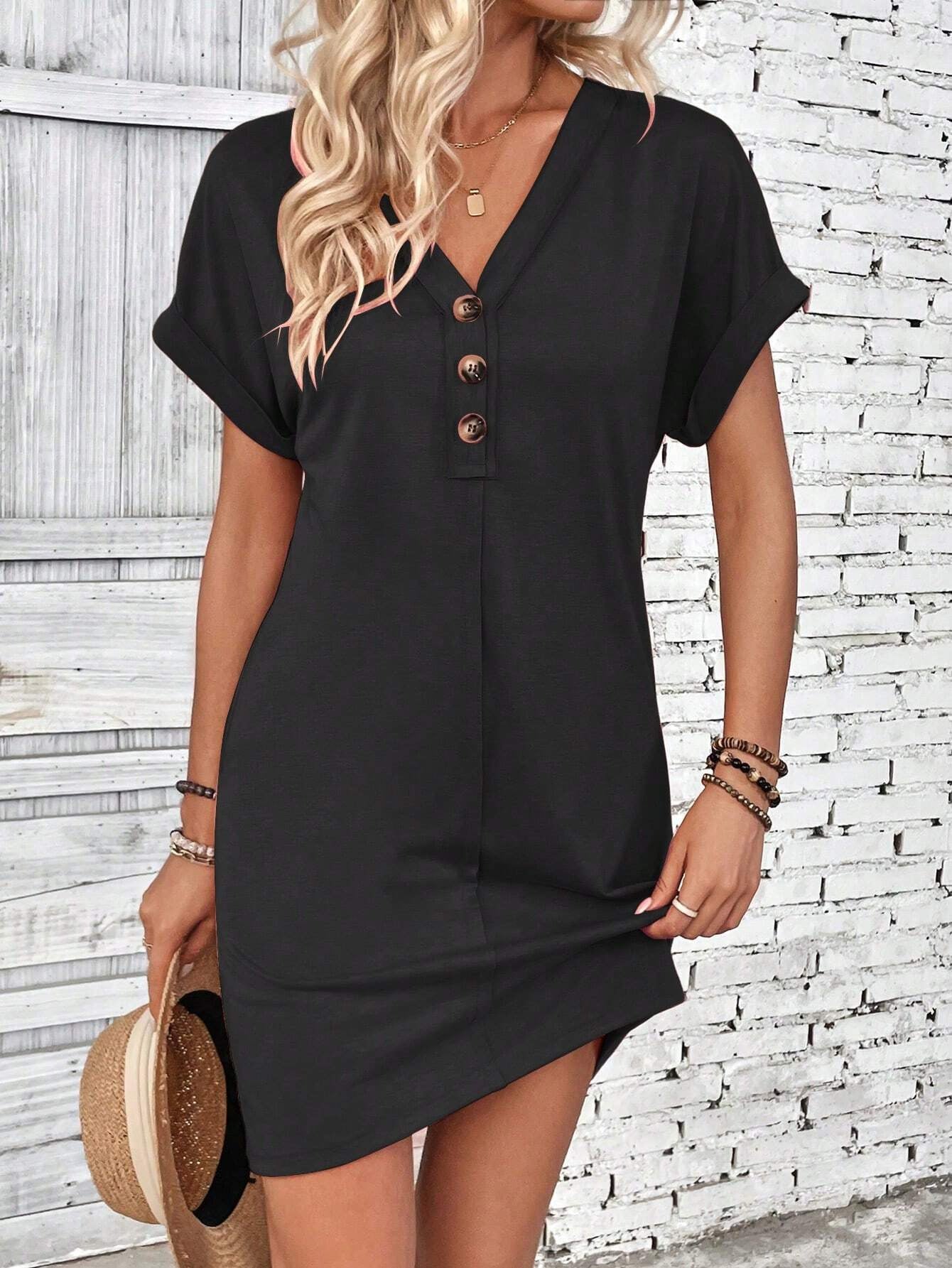 Solid Color V-Neck Batwing Sleeve Midi Dress