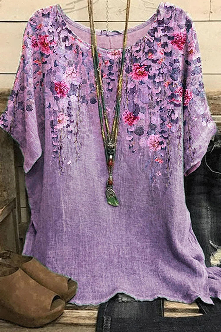 Print Crew Neck Blouses, Casual Loose Half Sleeve Fashion Shirts Tops, Women's Clothing