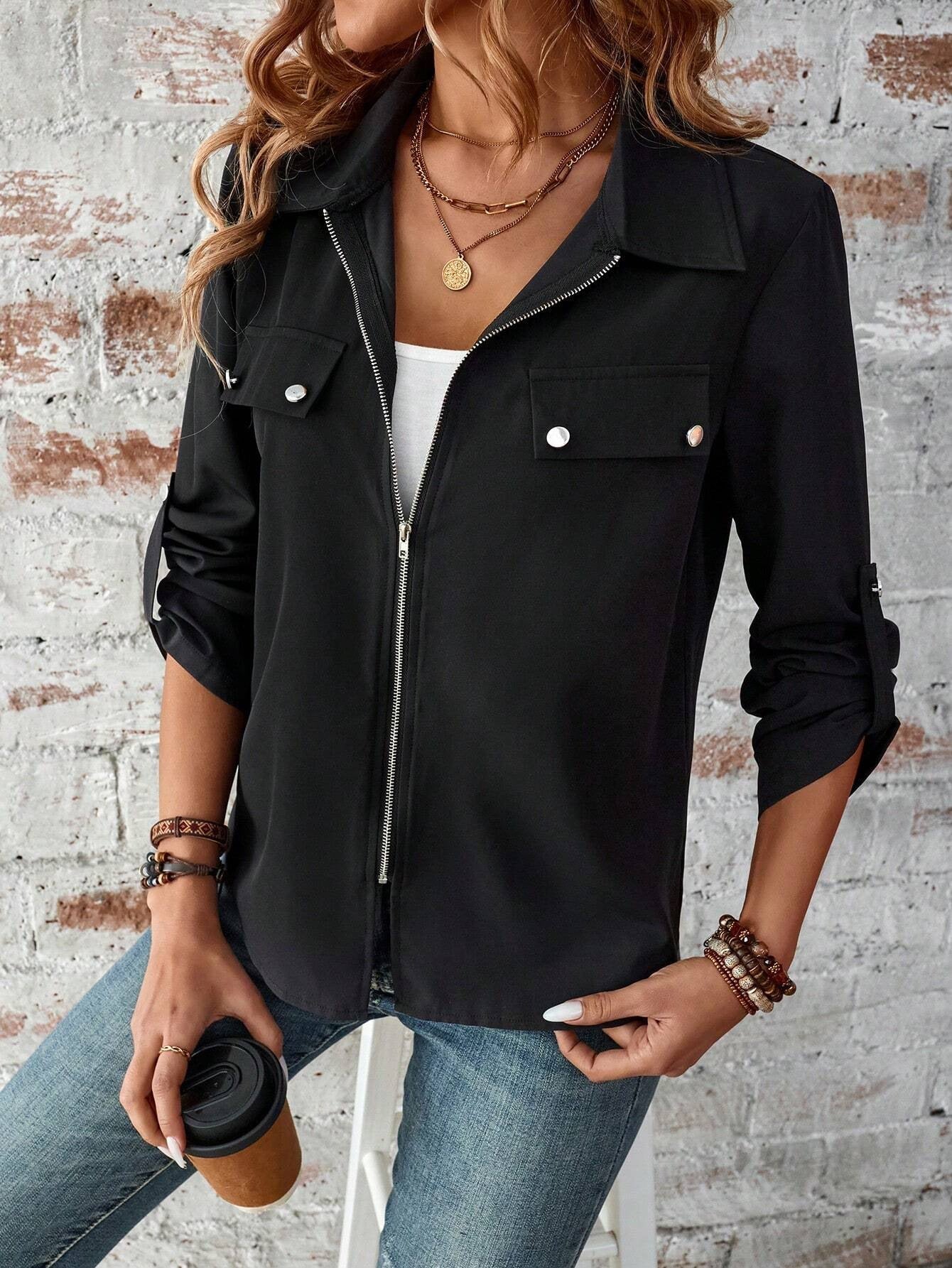 Solid Color Zip Up Jacket, Elegant Long Sleeve Flap Detail Jacket