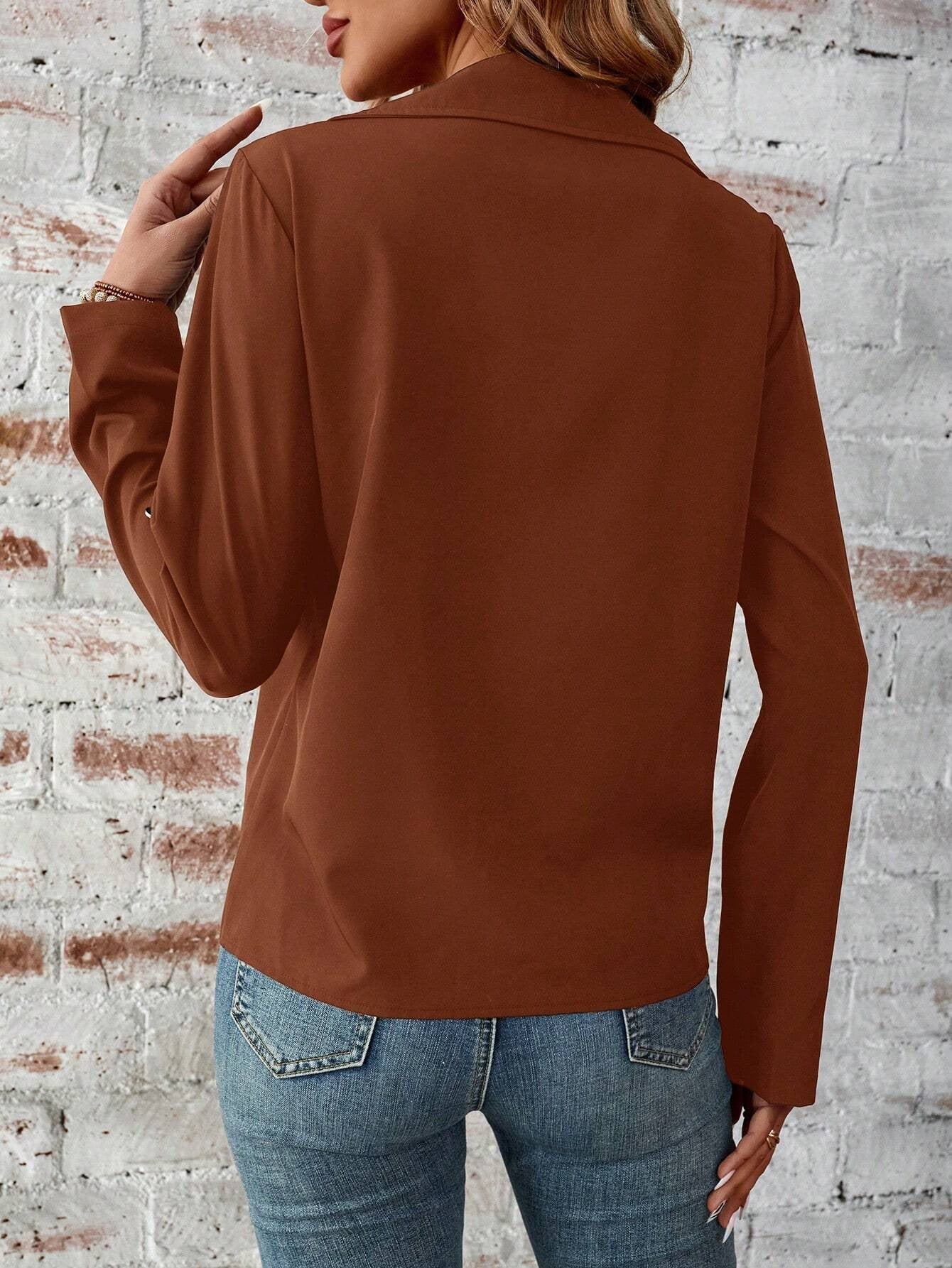 Solid Color Zip Up Jacket, Elegant Long Sleeve Flap Detail Jacket