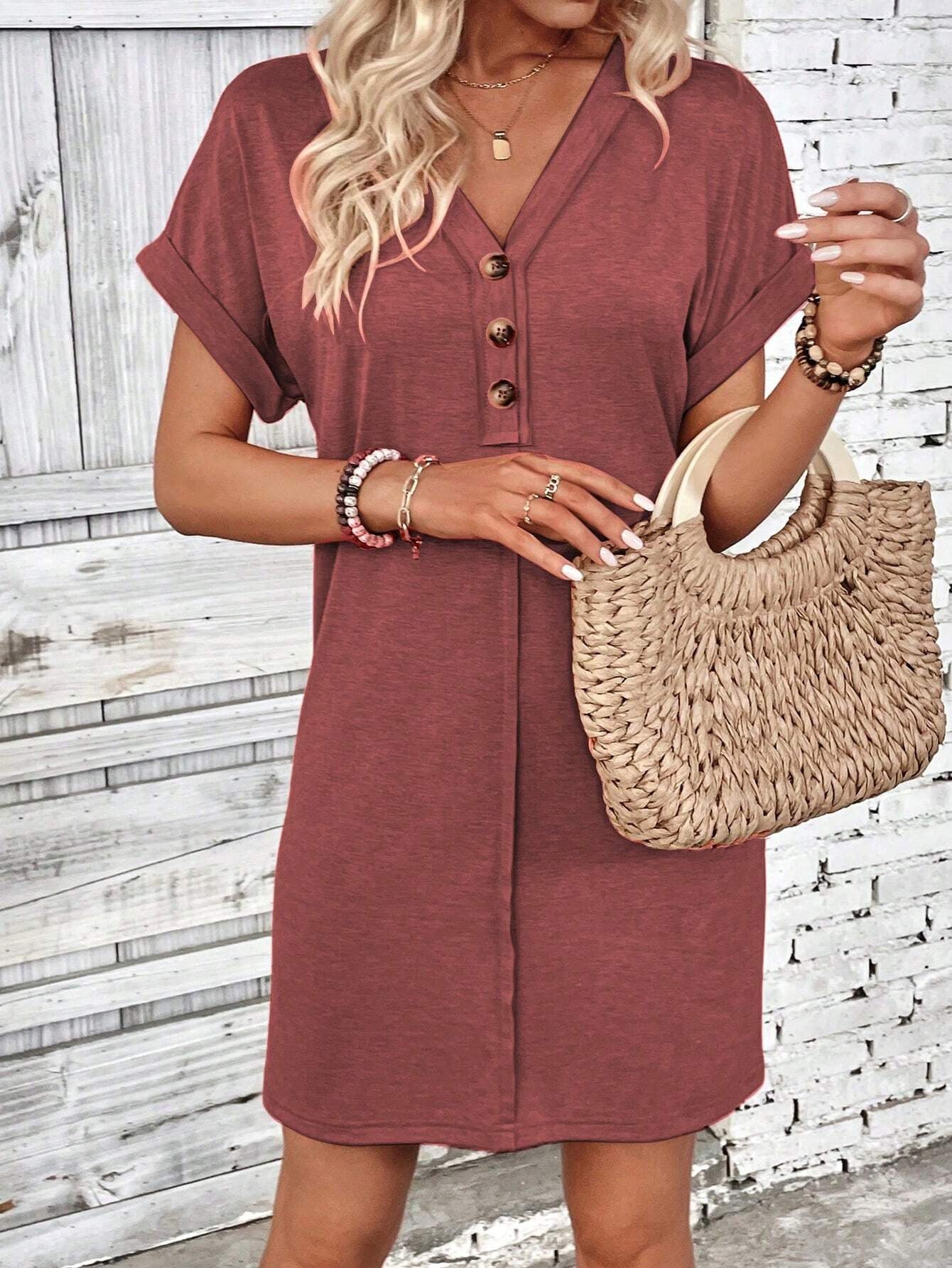 Solid Color V-Neck Batwing Sleeve Midi Dress