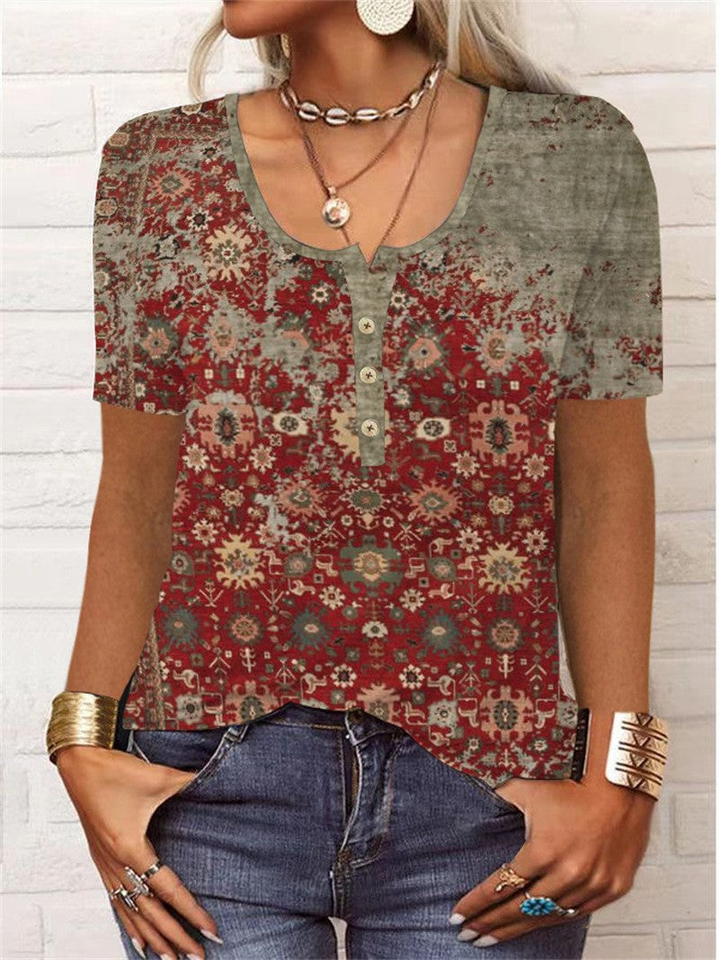 Printed Short Sleeve Pullover Casual Button T-Shirt