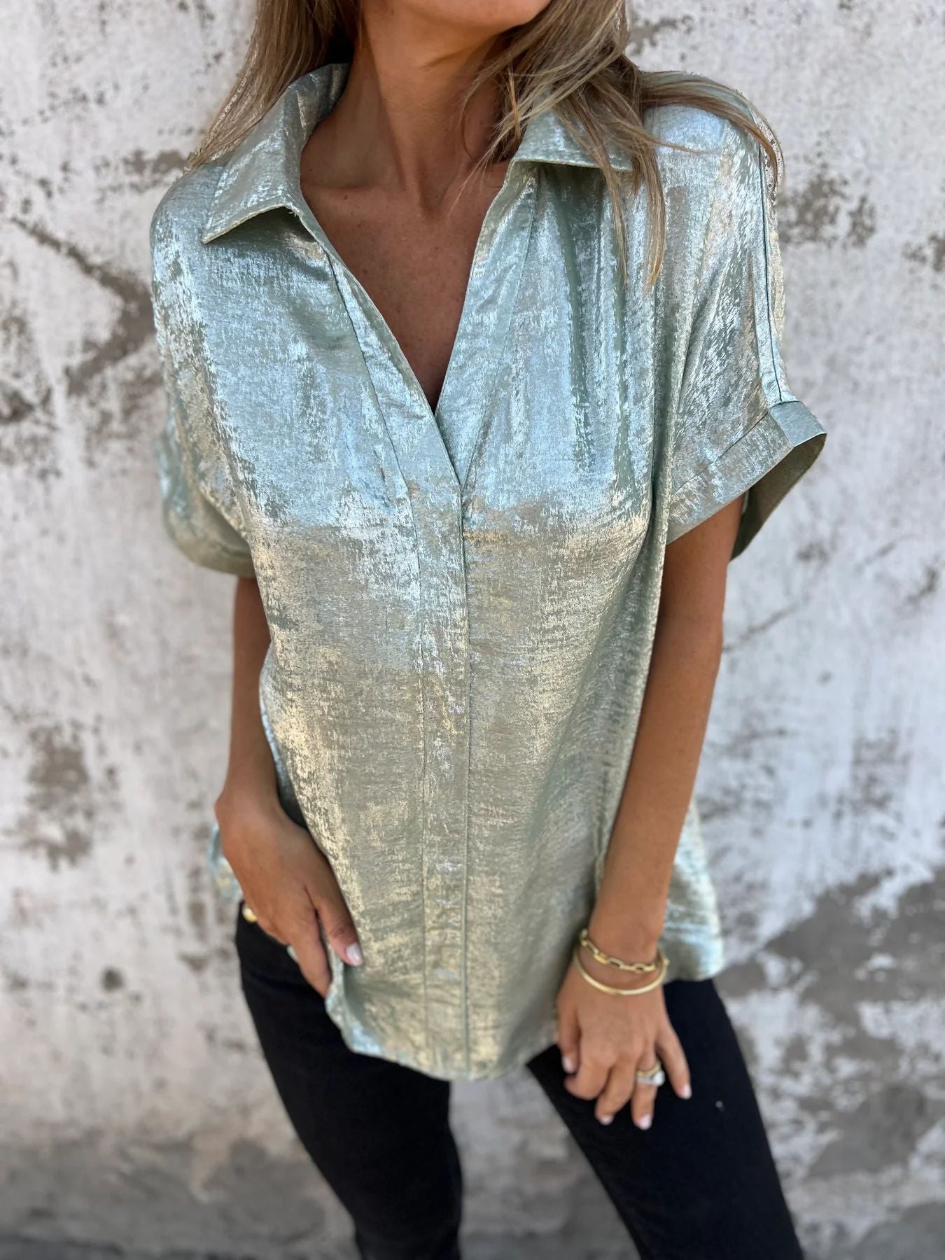 Loose Foiled Short Sleeve Lapel Shirt