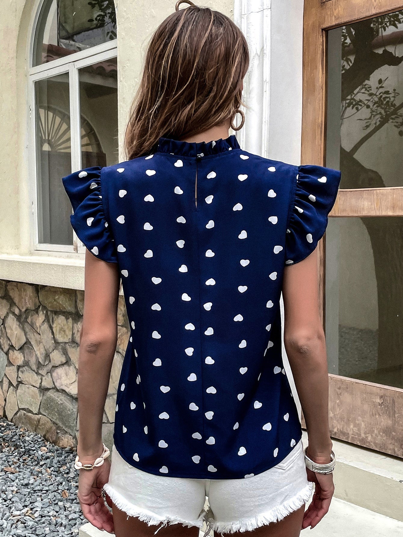 Heart Print Ruffle Trim Blouse, Casual Pleated Crew Neck Blouse