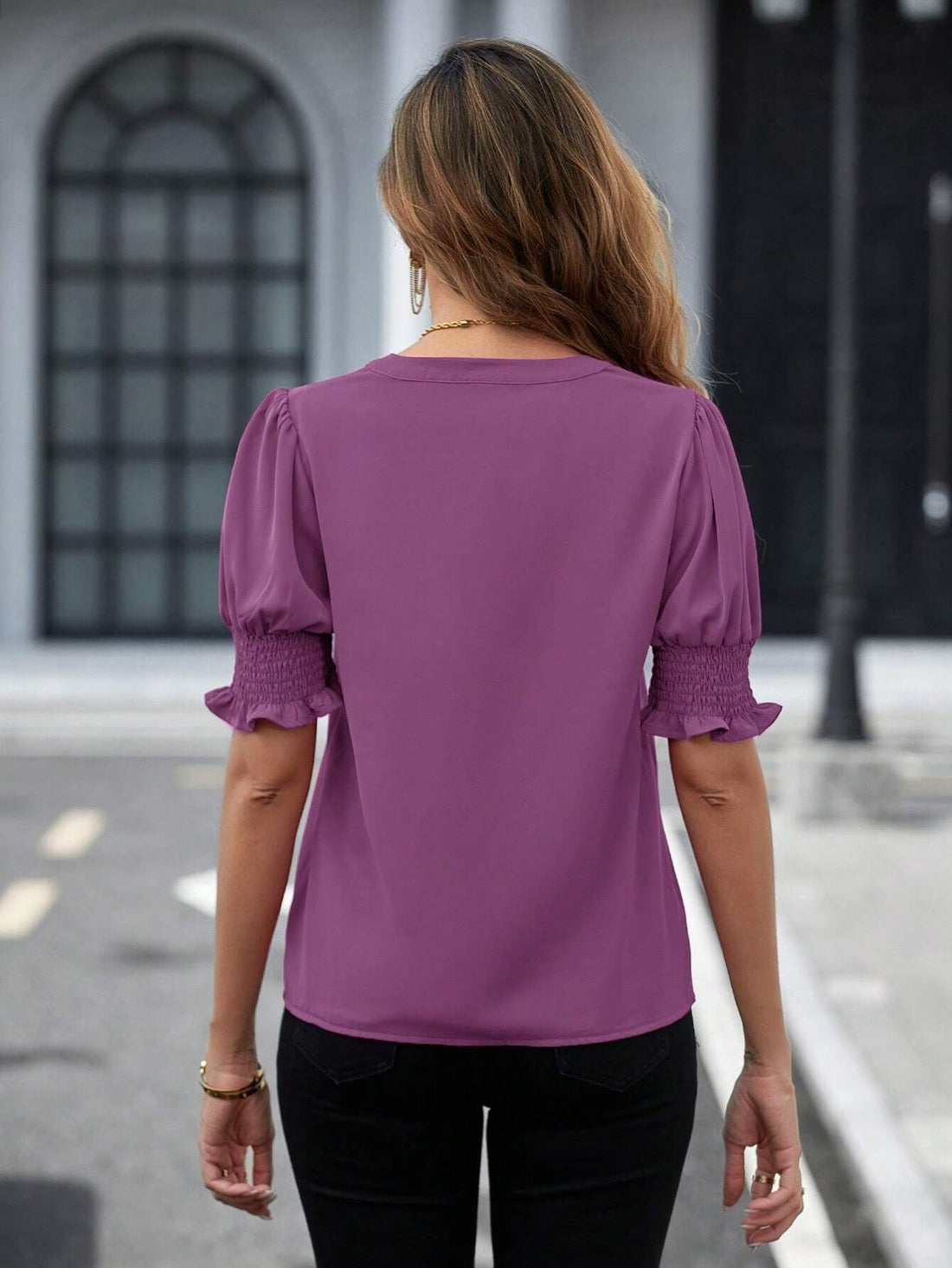 Women's Casual V-Neck Blouse - Loose Fit Solid Color Half Sleeve Fashion Top