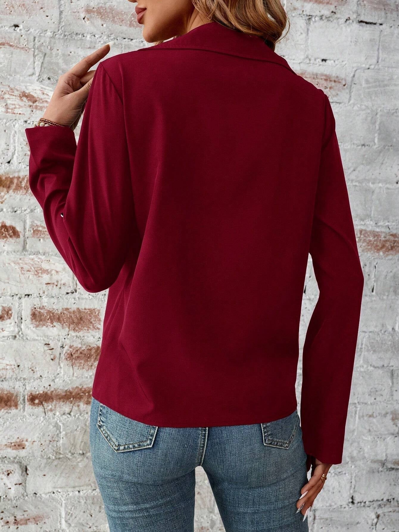 Solid Color Zip Up Jacket, Elegant Long Sleeve Flap Detail Jacket