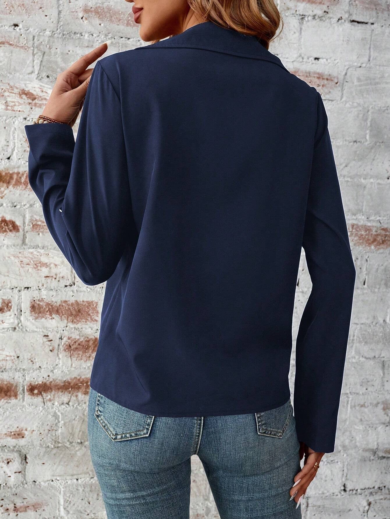 Solid Color Zip Up Jacket, Elegant Long Sleeve Flap Detail Jacket