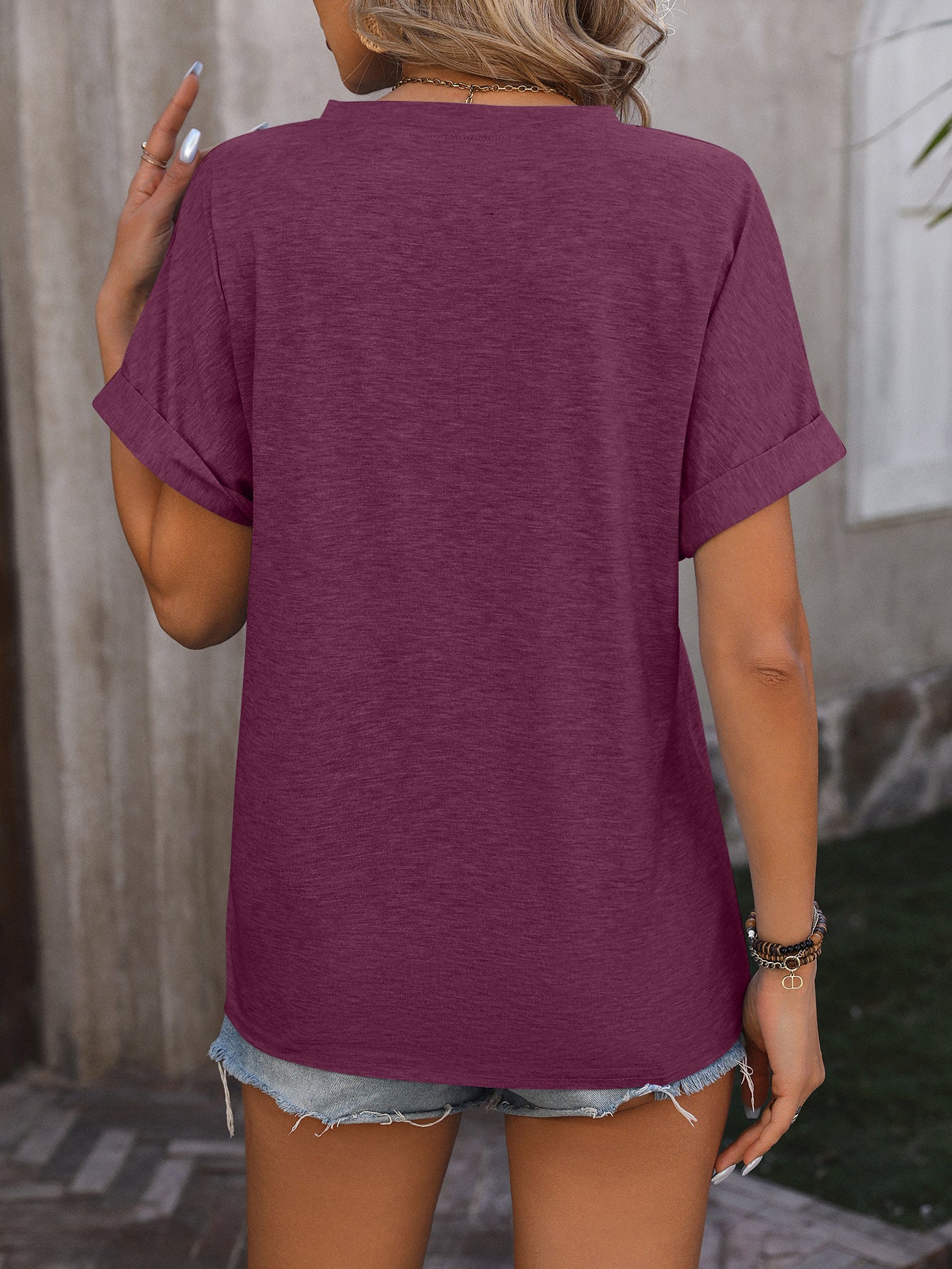 Casual V-neck Button Pure Color Loose Short-sleeved T-shirt