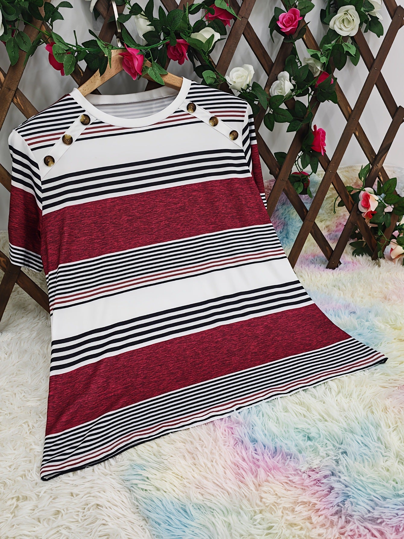 Button Front Vibrant Striped Short Sleeve Crew Neck T-Shirt