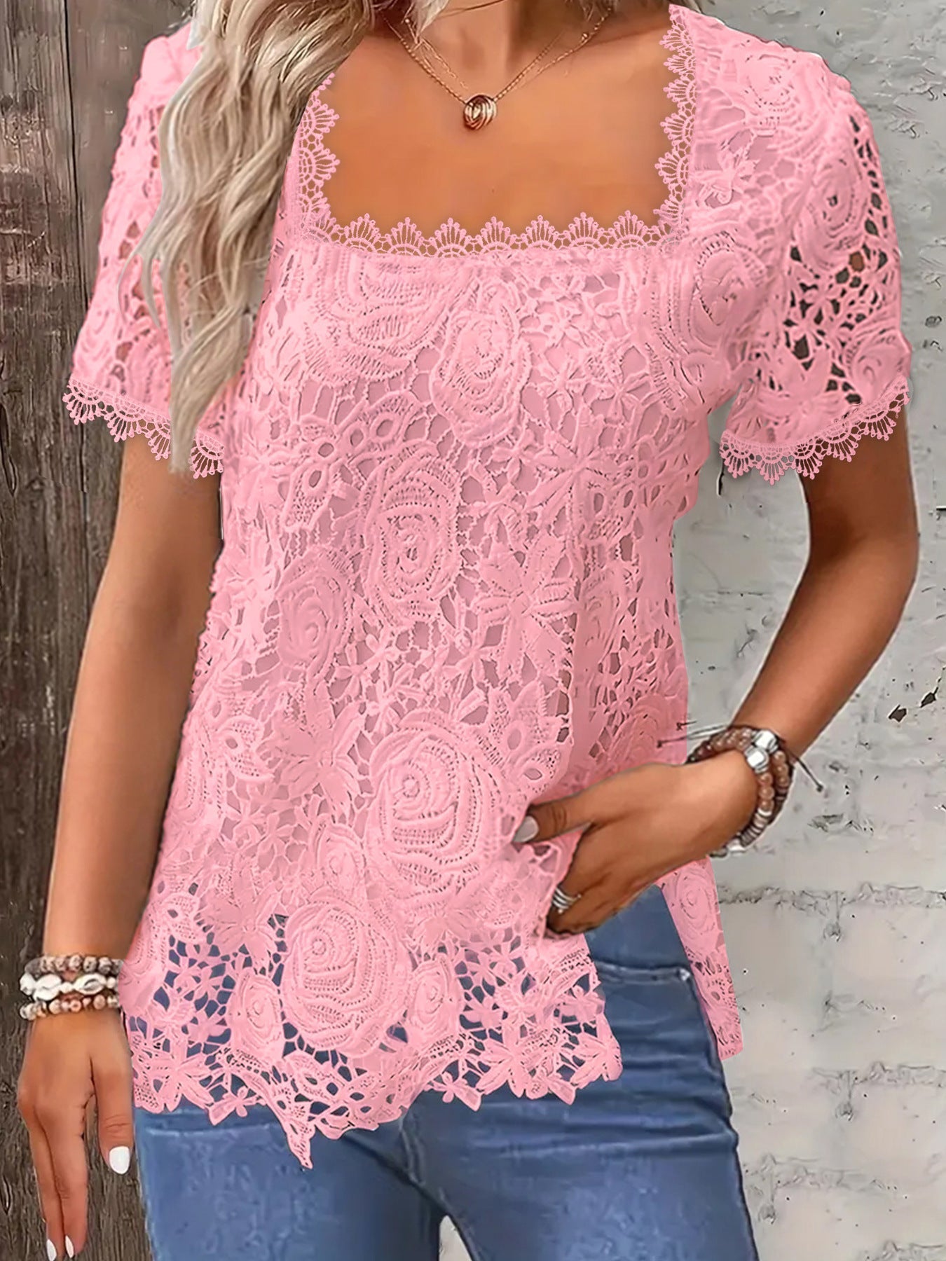 Solid Square Neck Lace T-Shirt, Casual Long Sleeve T-Shirt