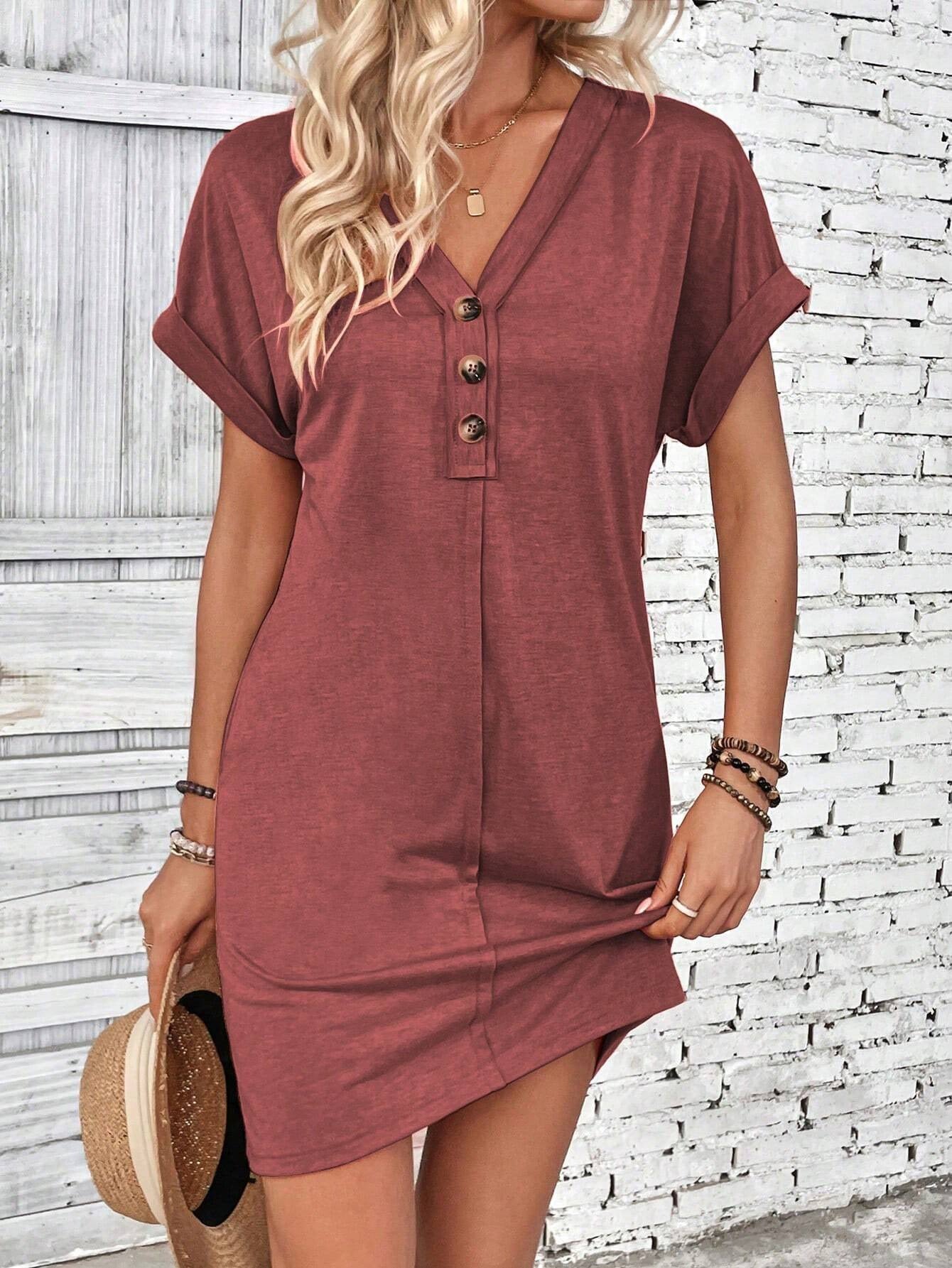 Solid Color V-Neck Batwing Sleeve Midi Dress