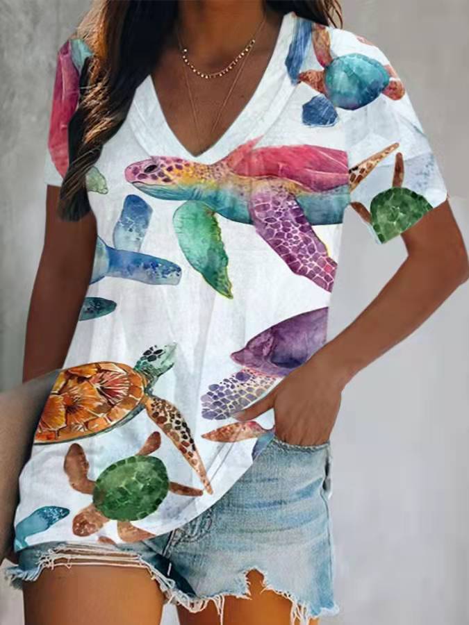 Print V-neck Short Sleeve Plaid Pullover T-Shirt