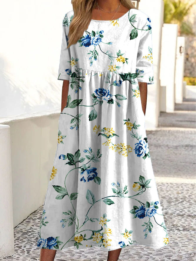 O Neck Pocket Print Short Sleeve Loose Midi Dress