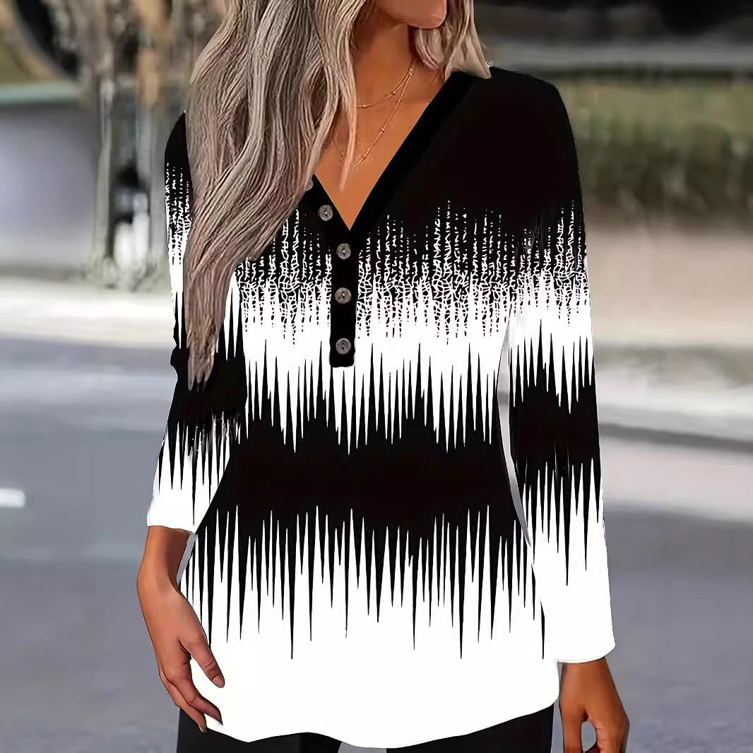 Button Geometric Print Long Sleeve T Shirt