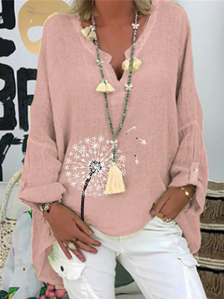 Long Sleeve Floral Print Loose V-Neck Shirt