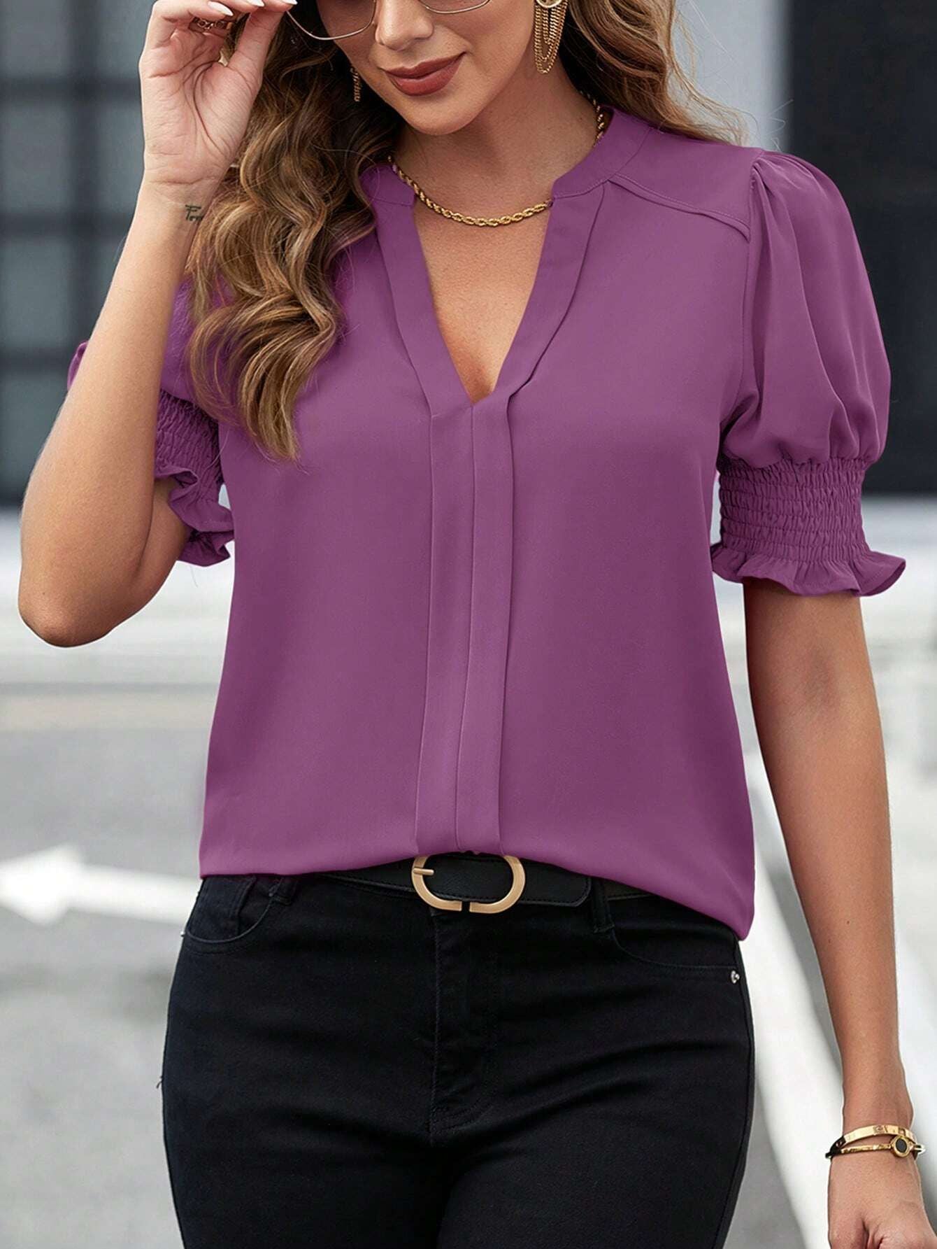 Women's Casual V-Neck Blouse - Loose Fit Solid Color Half Sleeve Fashion Top