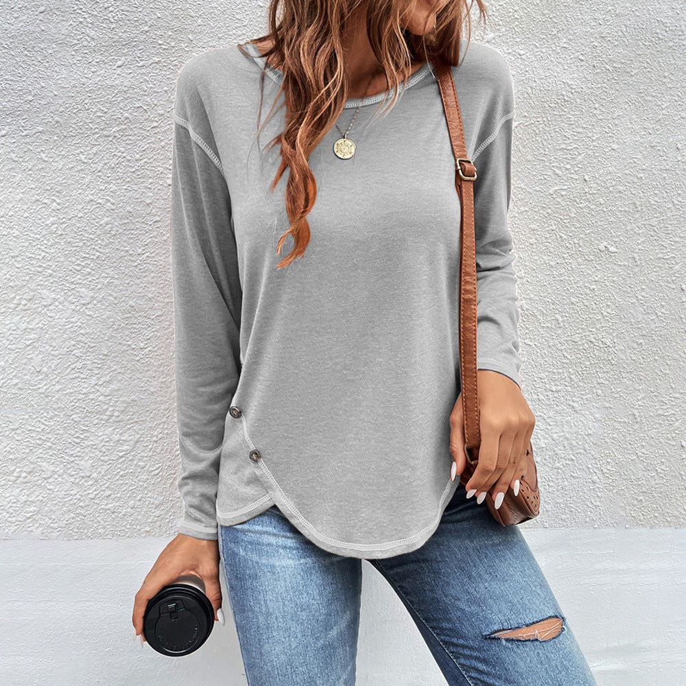 Plain Button Long Sleeve Daily Weekend Basic Round Neck T-Shirt