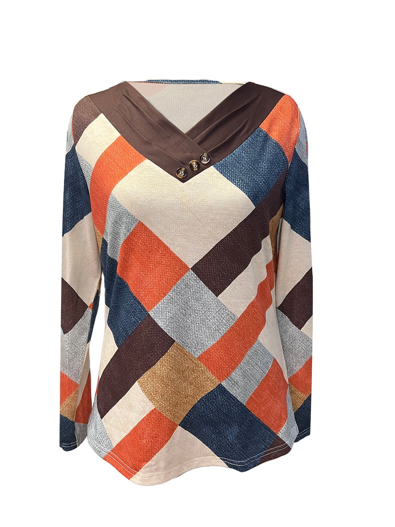 Christmas Snowflake Print Button Decor T-shirt, Casual Long Sleeve Plaid Print T-shirt