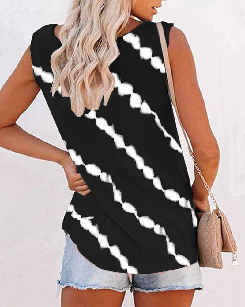 Women¡®s Summer Printed Diagonal Stripe Tank Top with Round Neck and Button Detail
