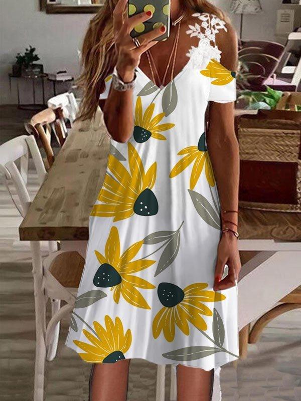 V Neck Ruffles Lace Off Shoulder Crochet Midi Dress