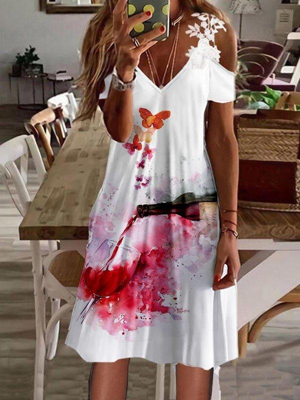 V Neck Ruffles Lace Off Shoulder Crochet Midi Dress